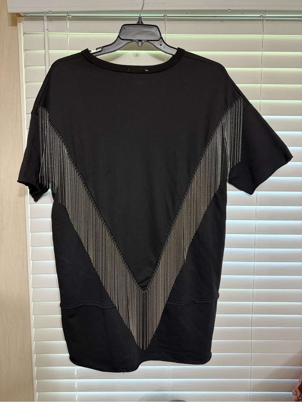 Black womens Short-Sleeve mini dress with Metallic Fringe V Detail